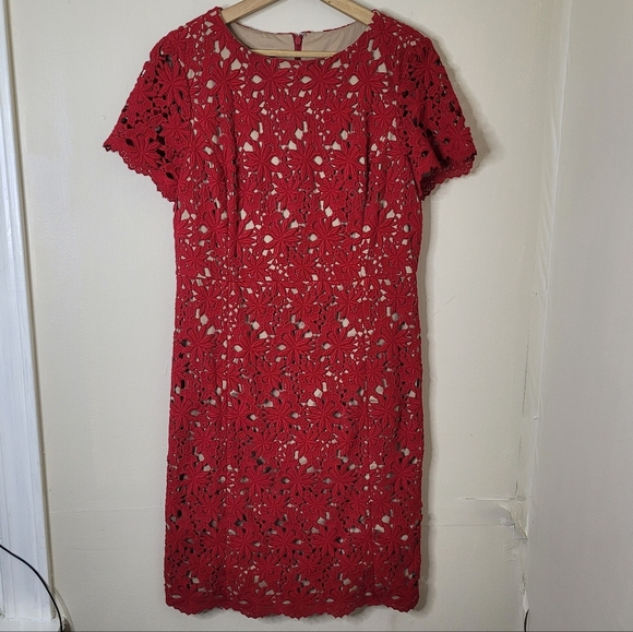 Talbots Red Floral Crochet Overlay Dress Holiday Cocktail Feminine Sheath NEW - Picture 5 of 11